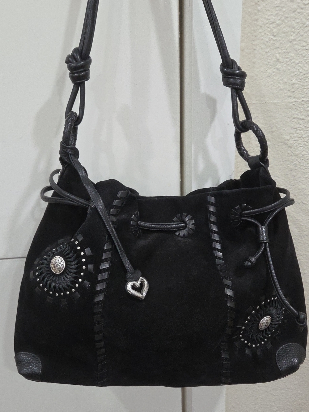 BRIGHTON Hearts Black Suede Drawstring Shoulder Bag with Heart Charm